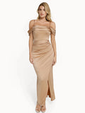 Popilush® Bodycon Party Cocktail Evening Gown Shapewear Off Shoulder Shine Ruched Sculpting Maxi Dress