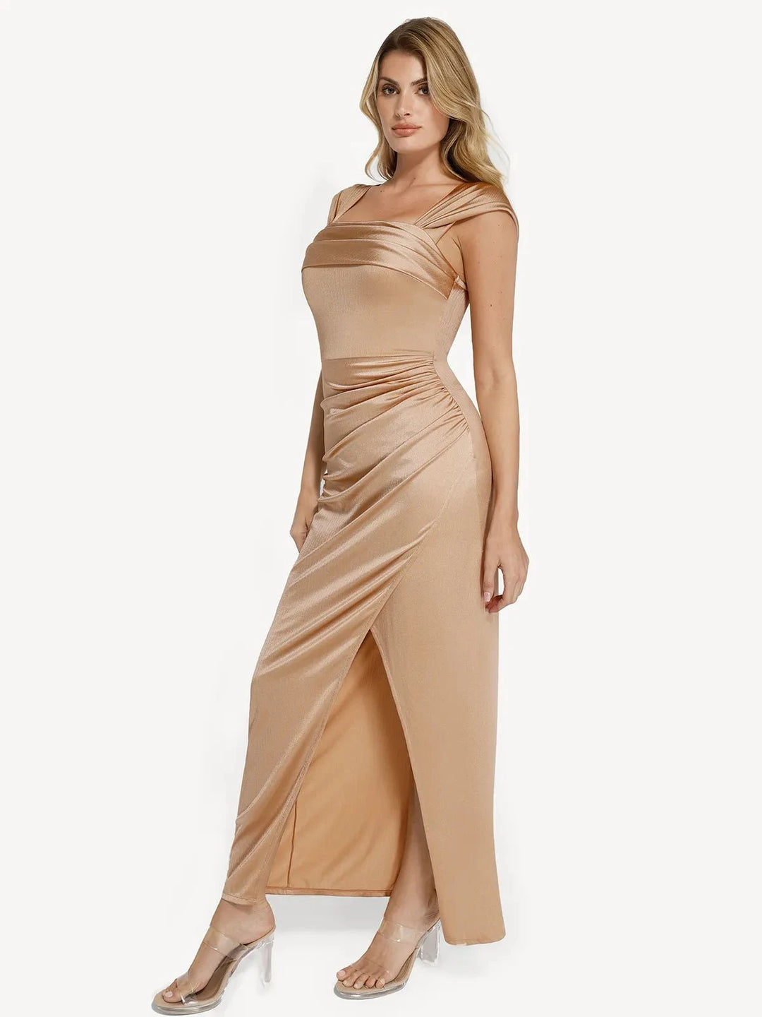 shapewear off shoulder shine ruched sculpting maxi dress Popilush Liquid Metallic Fabric Off Shoulder Shine Ruched Sculpting Maxi Shapewear Dress in Green