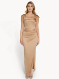 Popilush® Bodycon Party Cocktail Evening Gown Shapewear Off Shoulder Shine Ruched Sculpting Maxi Dress