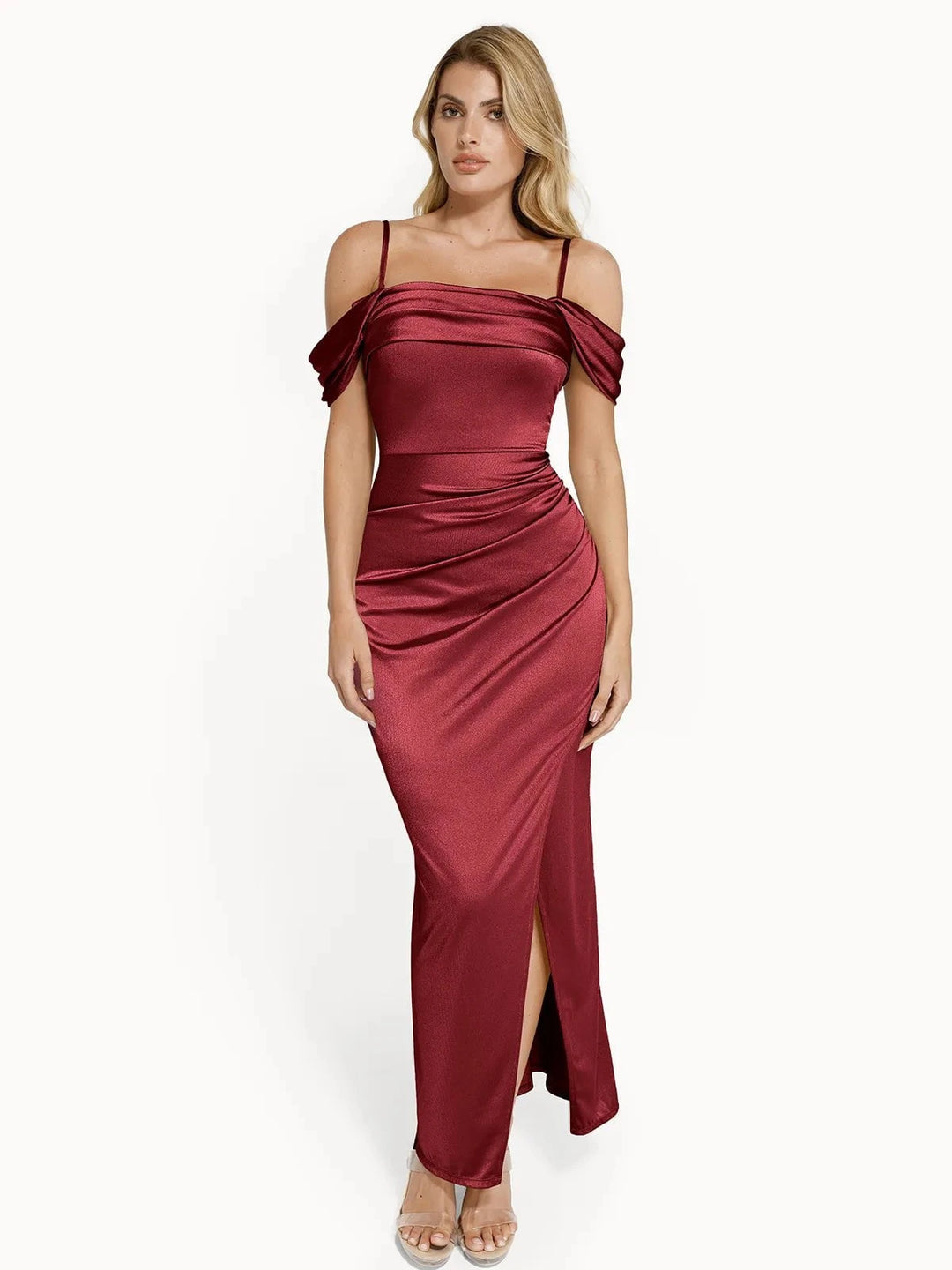 Popilush® Bodycon Party Cocktail Evening Gown Shapewear Off Shoulder Shine Ruched Sculpting Maxi Dress