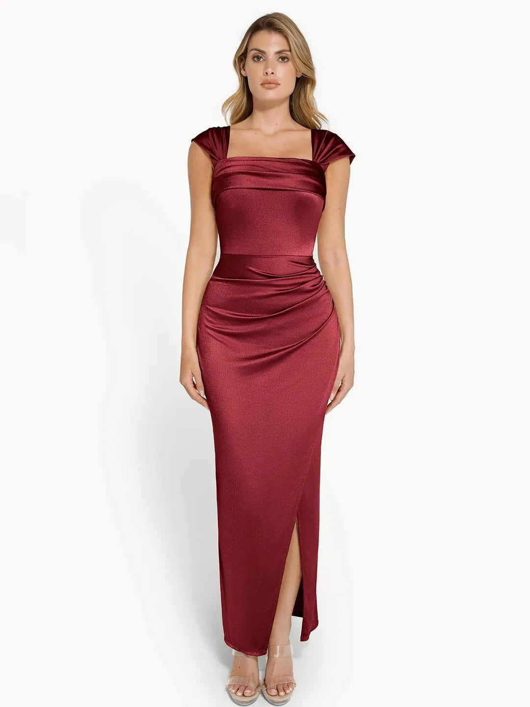 Popilush® Bodycon Party Cocktail Evening Gown Shapewear Off Shoulder Shine Ruched Sculpting Maxi Dress