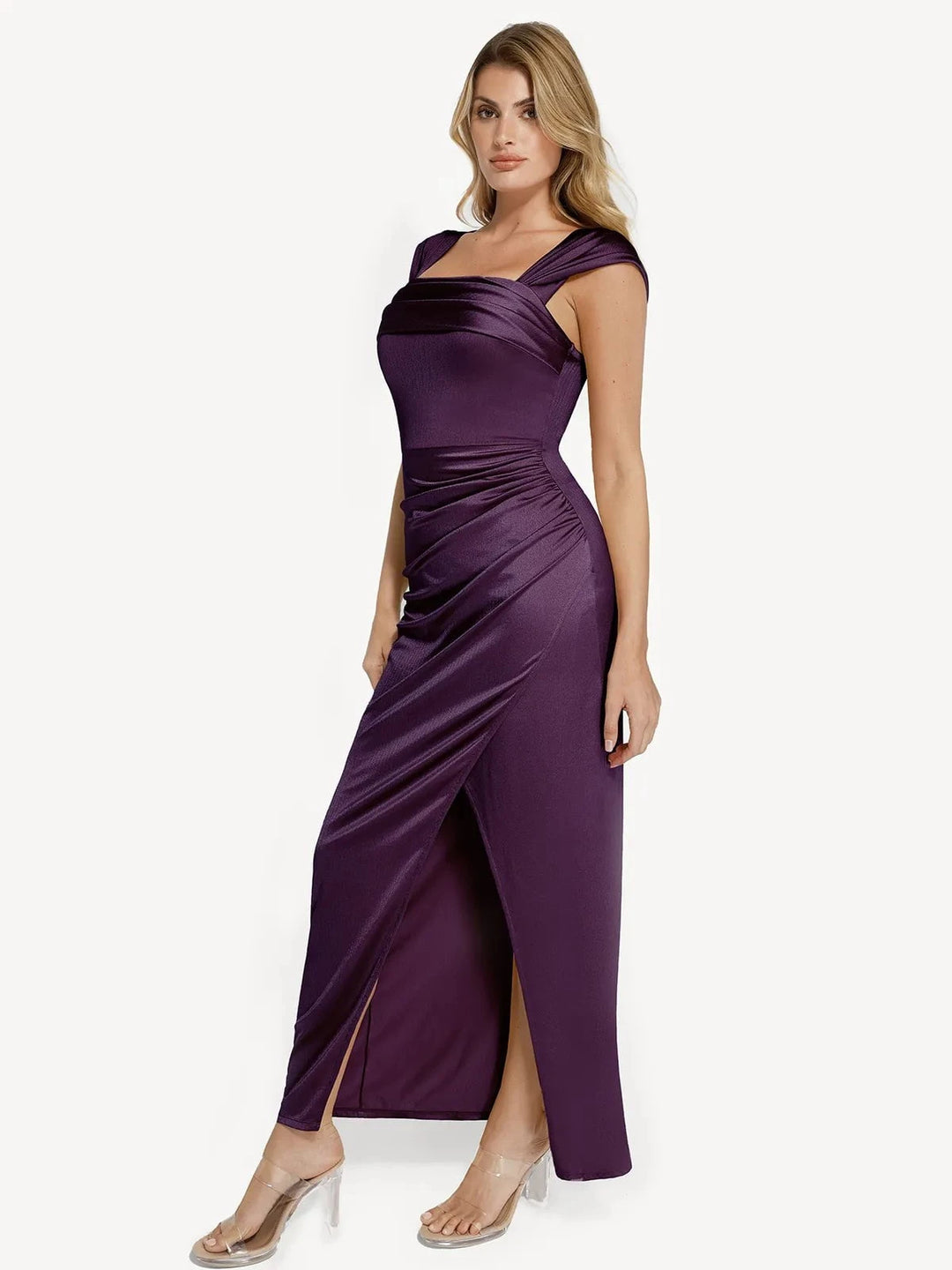 Popilush® Bodycon Party Cocktail Evening Gown Shapewear Off Shoulder Shine Ruched Sculpting Maxi Dress