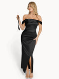 Popilush® Bodycon Party Cocktail Evening Gown Shapewear Off Shoulder Shine Ruched Sculpting Maxi Dress