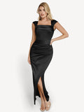 Popilush® Bodycon Party Cocktail Evening Gown Shapewear Off Shoulder Shine Ruched Sculpting Maxi Dress