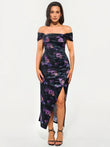 Popilush® Bodycon Party Cocktail Evening Gown Shapewear Off Shoulder Shine Ruched Sculpting Maxi Dress