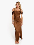 Popilush® Bodycon Party Cocktail Evening Gown Shapewear Off Shoulder Shine Ruched Sculpting Maxi Dress