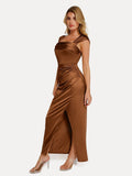 Popilush® Bodycon Party Cocktail Evening Gown Shapewear Off Shoulder Shine Ruched Sculpting Maxi Dress