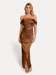 Popilush® Bodycon Party Cocktail Evening Gown Brown / XS Shapewear Off Shoulder Shine Ruched Sculpting Maxi Dress