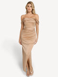 Popilush® Bodycon Party Cocktail Evening Gown Champagne / XS Shapewear Off Shoulder Shine Ruched Sculpting Maxi Dress