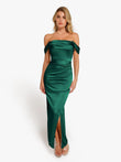 Emerald green shine knit off-shoulder ruched sculpting shapewear maxi dress with slit.