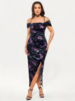 Popilush® Bodycon Party Cocktail Evening Gown Floral Print / XS Shapewear Off Shoulder Shine Ruched Sculpting Maxi Dress
