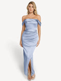 Popilush® Bodycon Party Cocktail Evening Gown Light Blue / XS Shapewear Off Shoulder Shine Ruched Sculpting Maxi Dress