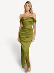 Popilush® Bodycon Party Cocktail Evening Gown Olive Green / XS Shapewear Off Shoulder Shine Ruched Sculpting Maxi Dress