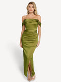 Popilush® Bodycon Party Cocktail Evening Gown Olive Green / XS Shapewear Off Shoulder Shine Ruched Sculpting Maxi Dress