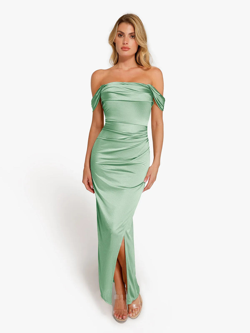 Popilush® Bodycon Party Cocktail Evening Gown Sage Green / XS Shapewear Off Shoulder Shine Ruched Sculpting Maxi Dress