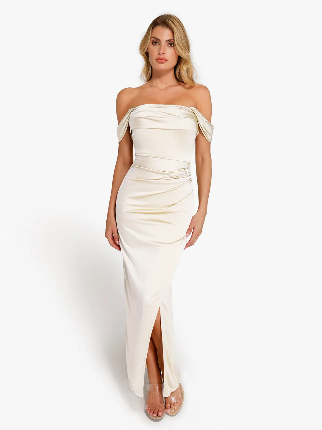 Popilush® Bodycon Party Cocktail Evening Gown White / XS Shapewear Off Shoulder Shine Ruched Sculpting Maxi Dress