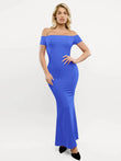 Blue off-shoulder maxi dress with built-in tummy control & smoothing shapewear.