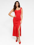 Red off-shoulder maxi dress with built-in shapewear, side slit, and slimming ruched detail.