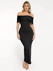 Black off-the-shoulder slim column shapewear maxi dress with draped neckline detail.