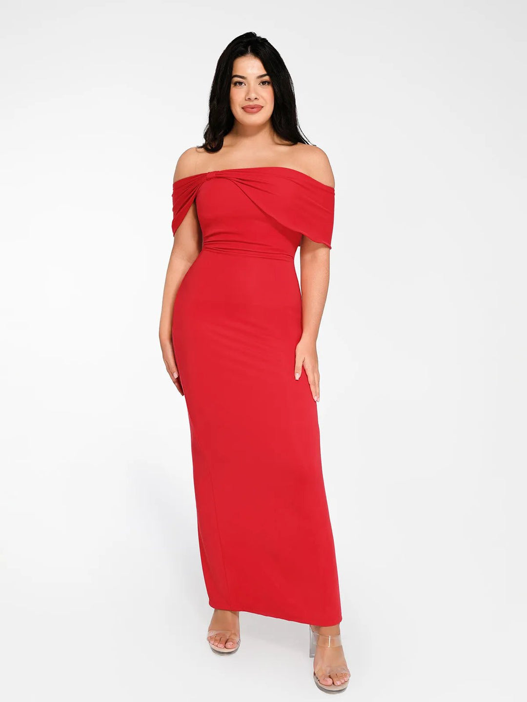 Off-the-shoulder red maxi dress from Popilush® shapewear collection, perfect fit