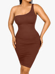 Brown one-shoulder bodycon mini dress with ribbed texture, highlighting the figure.