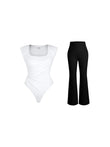 Popilush® Shapewear Padded Shoulder Slimming Bodysuit Flare-Leg Pants Set