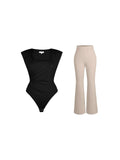 Popilush® Set / Black/Light Brown / XS Shapewear Padded Shoulder Slimming Bodysuit Flare-Leg Pants Set