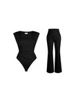 Black padded shoulder slimming bodysuit and flare-leg pants set.