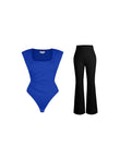 Blue padded shoulder square neck bodysuit with black flare-leg pants.