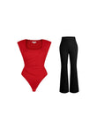 Red padded shoulder bodysuit with black flare-leg pants, a slimming shapewear set.