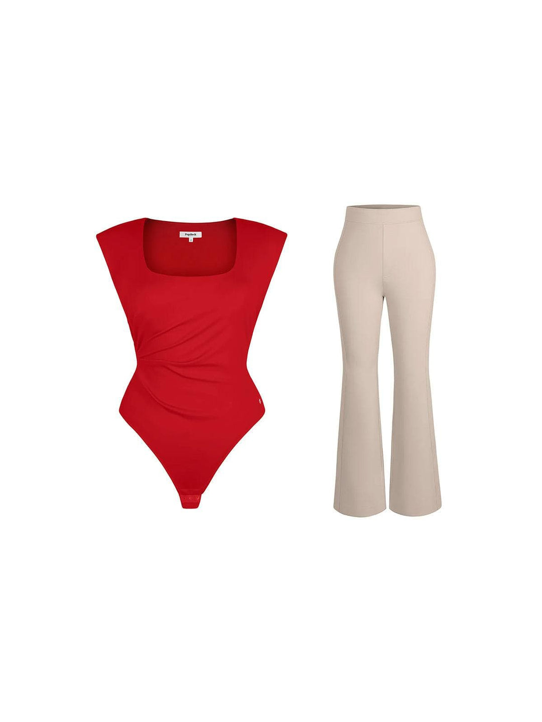 Popilush® Set / Red/Light Brown / XS Shapewear Padded Shoulder Slimming Bodysuit Flare-Leg Pants Set