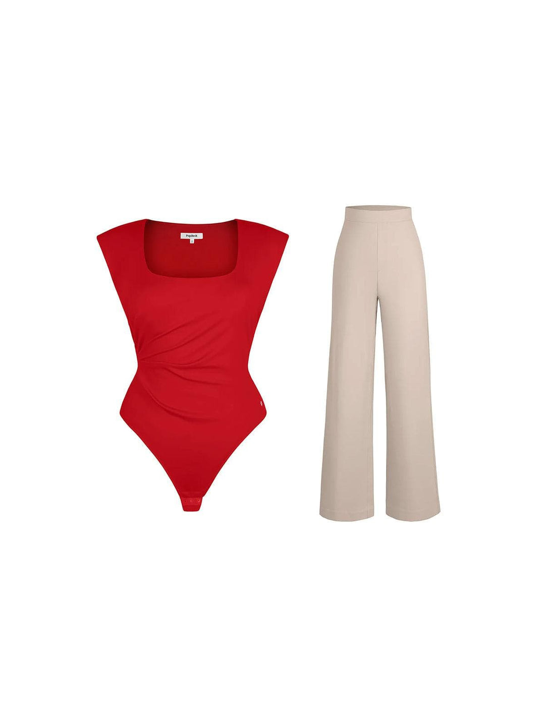 Popilush® Shapewear Padded Shoulder Slimming Bodysuit Wide-Leg Pants Set