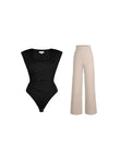 Black padded shoulder square neck bodysuit with beige wide-leg pants set