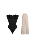 Popilush® Set / Black/Light Brown / XS Shapewear Padded Shoulder Slimming Bodysuit Wide-Leg Pants Set