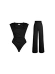 Black padded shoulder bodysuit and wide-leg pants set