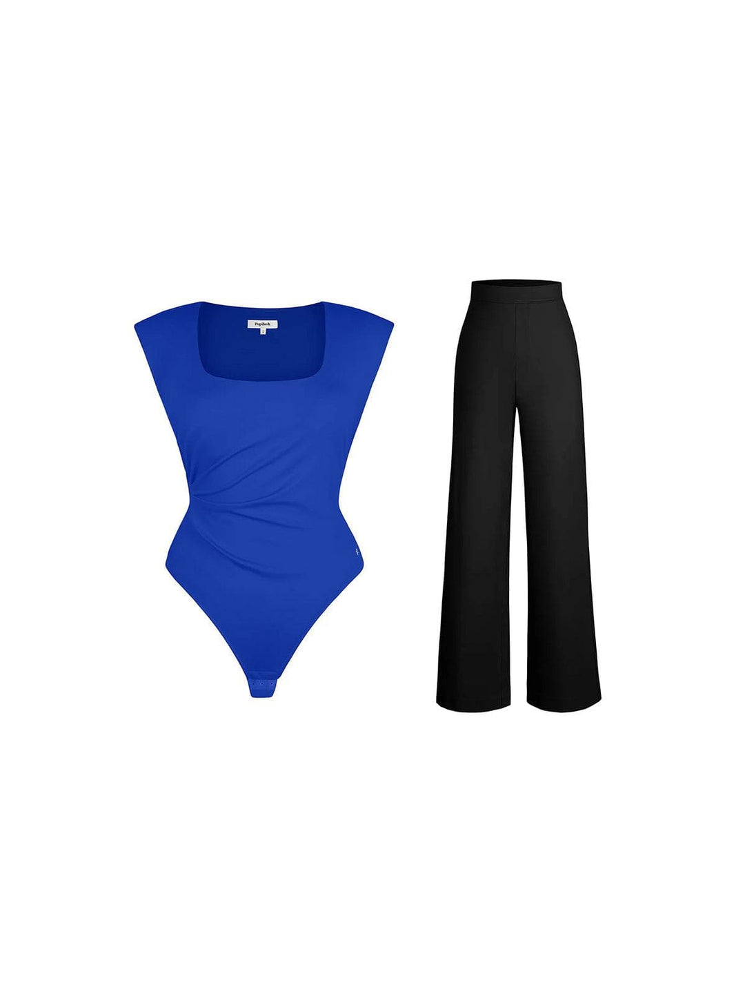 Popilush® Set / Blue/Black / XS Shapewear Padded Shoulder Slimming Bodysuit Wide-Leg Pants Set