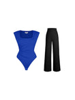 Royal blue padded shoulder bodysuit with black wide-leg pants set