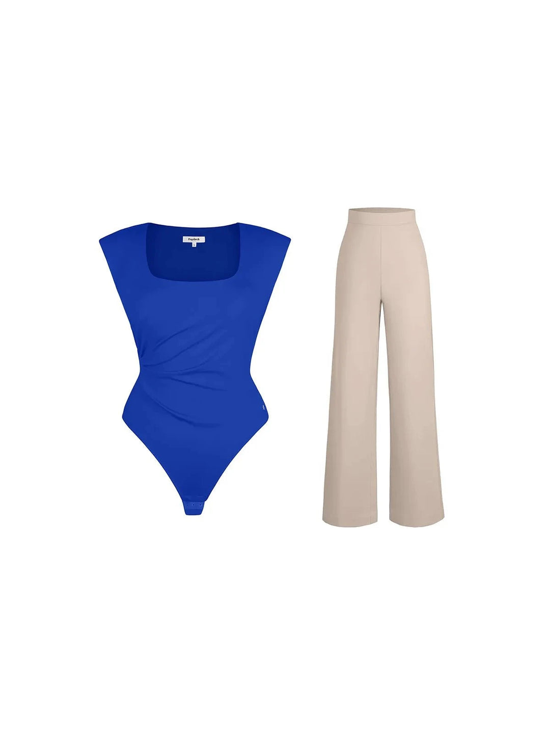 Popilush® Set / Blue/Light Brown / XS Shapewear Padded Shoulder Slimming Bodysuit Wide-Leg Pants Set