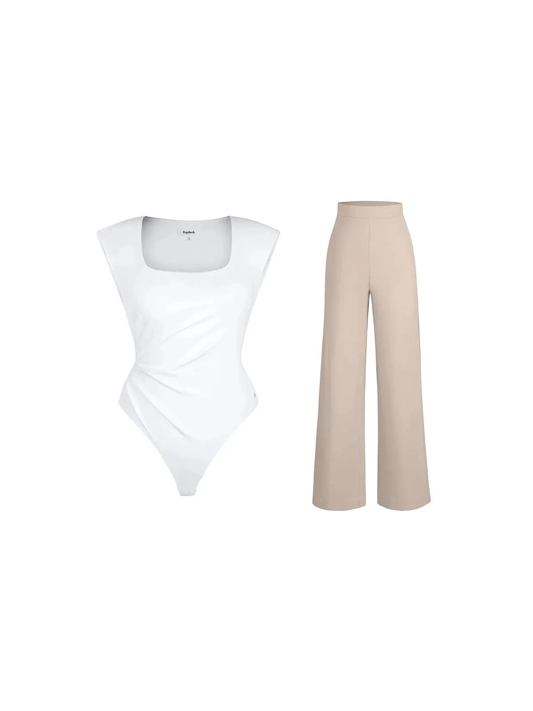 Popilush® Set / White/Light Brown / XS Shapewear Padded Shoulder Slimming Bodysuit Wide-Leg Pants Set