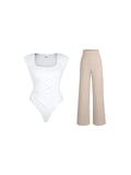Popilush® Set / White/Light Brown / XS Shapewear Padded Shoulder Slimming Bodysuit Wide-Leg Pants Set