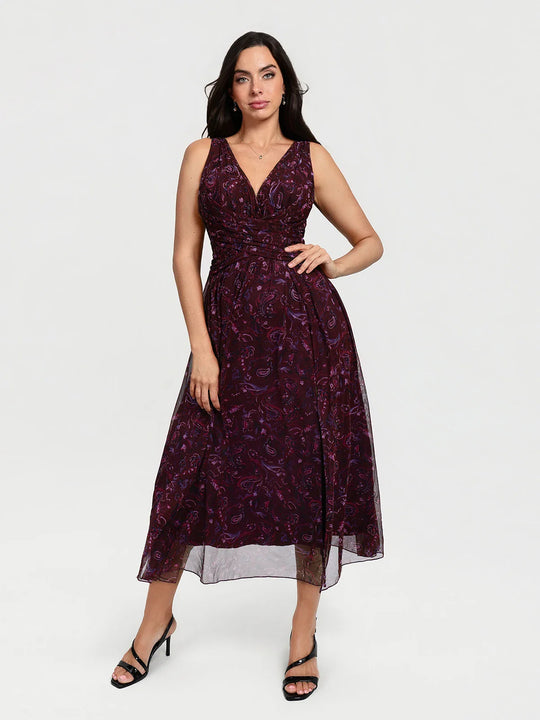 Shapewear Paisley Print V-Neck Slit Maxi Dress