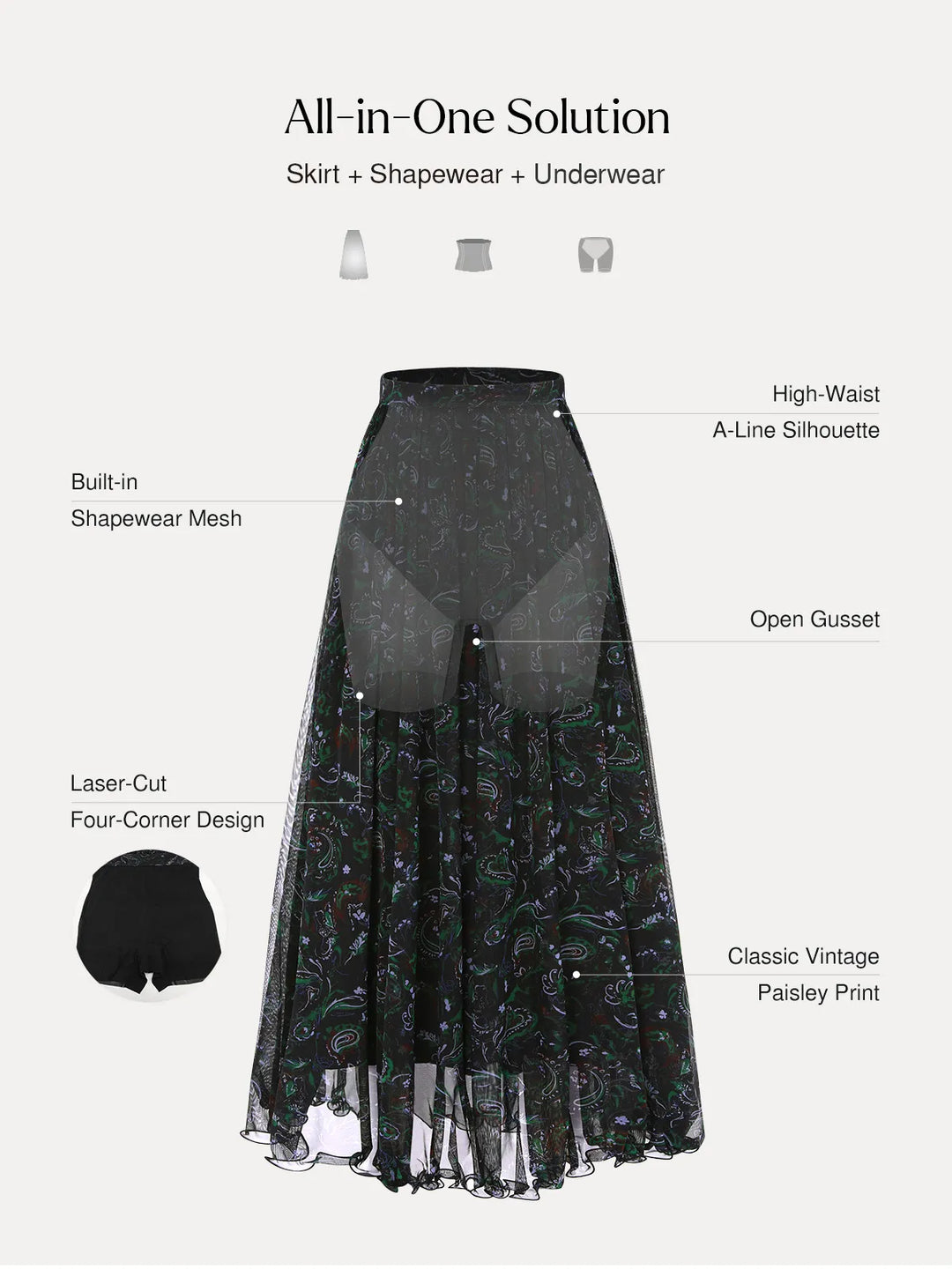 Popilush® Shapewear Paisley High Waist A-Line Maxi Skirt