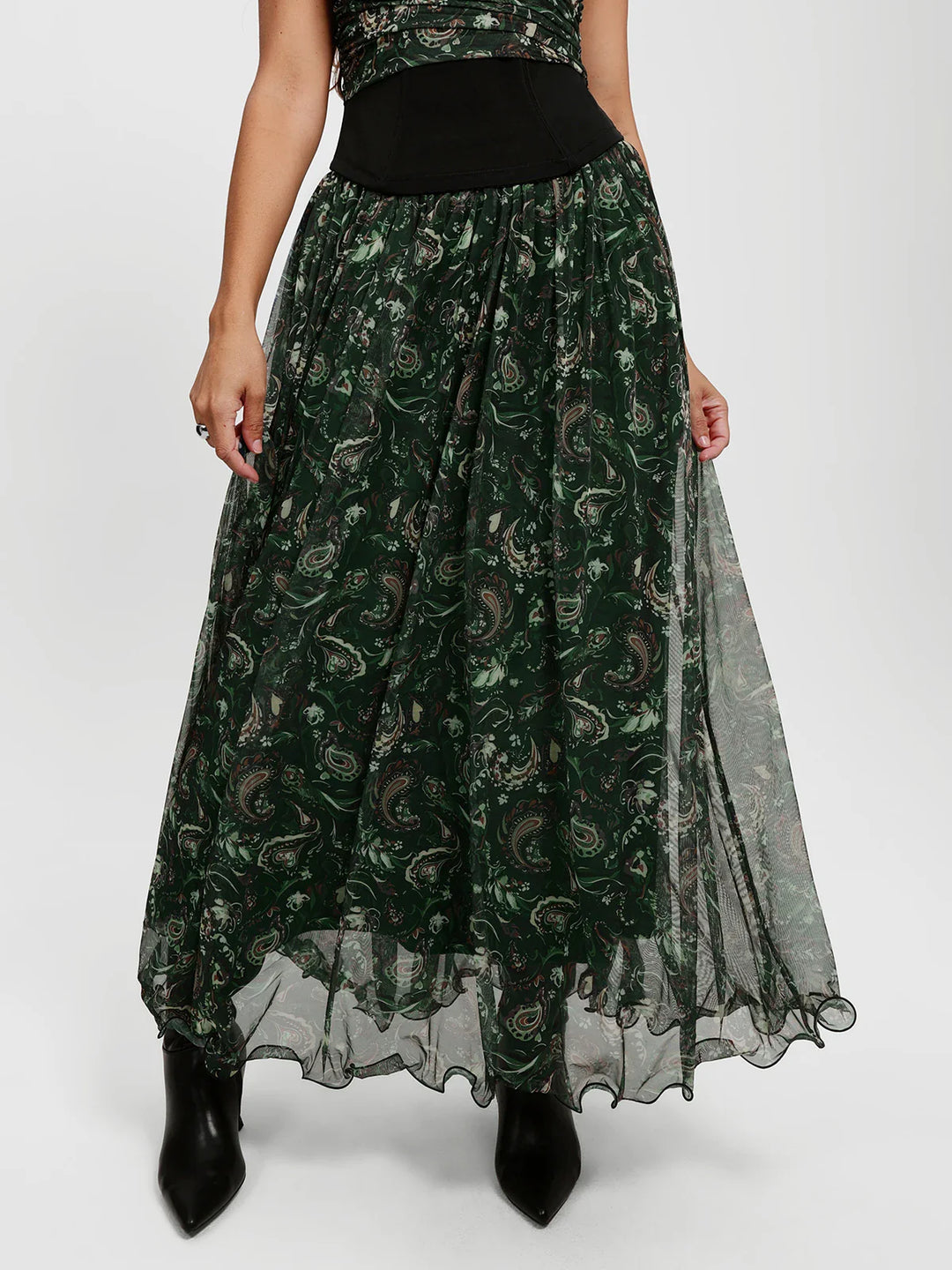 Popilush® Regular Length / Forest Green Floral / XS Shapewear Paisley High Waist A-Line Maxi Skirt