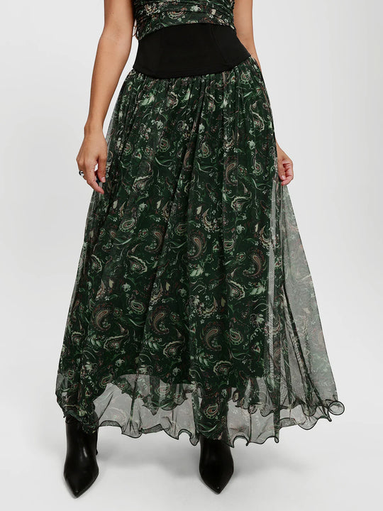 Popilush® Regular Length / Forest Green Floral / XS Shapewear Paisley High Waist A-Line Maxi Skirt
