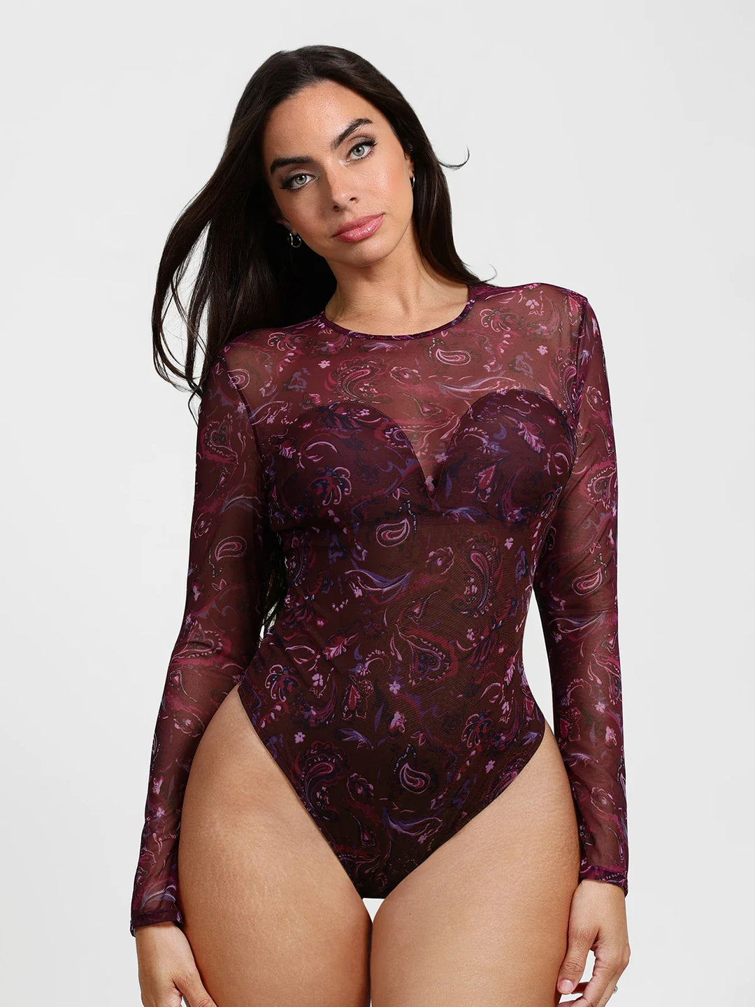 Popilush® Shapewear Paisley Mesh Sleeve Sweetheart Bodysuit(DRAFT)