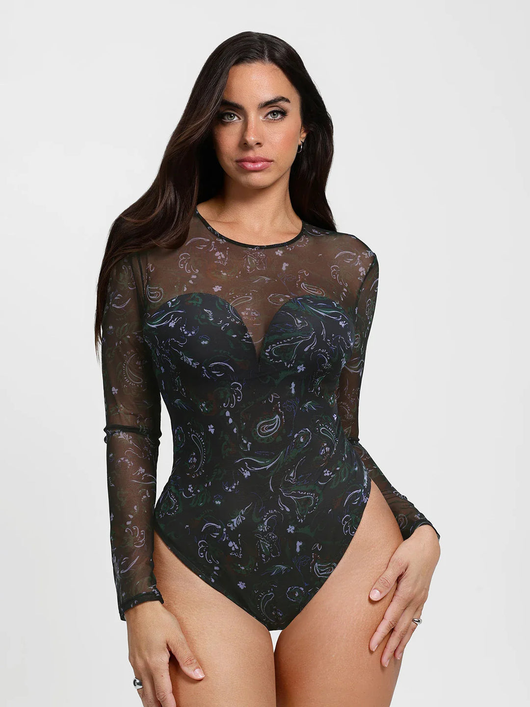Popilush® Shapewear Paisley Mesh Sleeve Sweetheart Bodysuit(DRAFT)