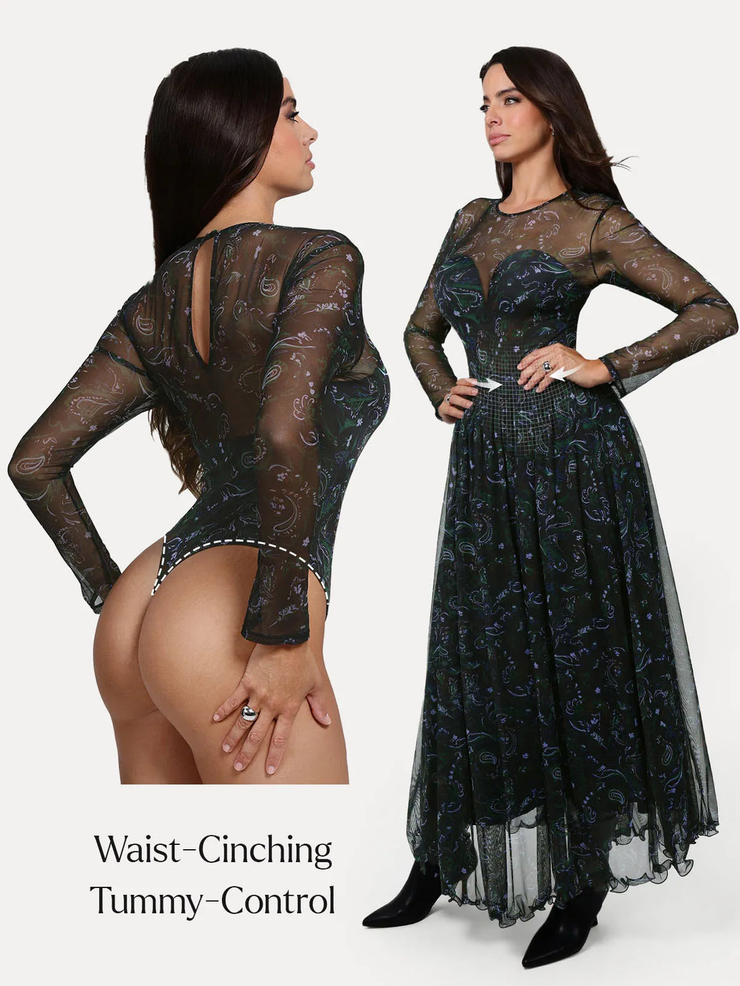 Popilush® Shapewear Paisley Mesh Sleeve Sweetheart Bodysuit(DRAFT)