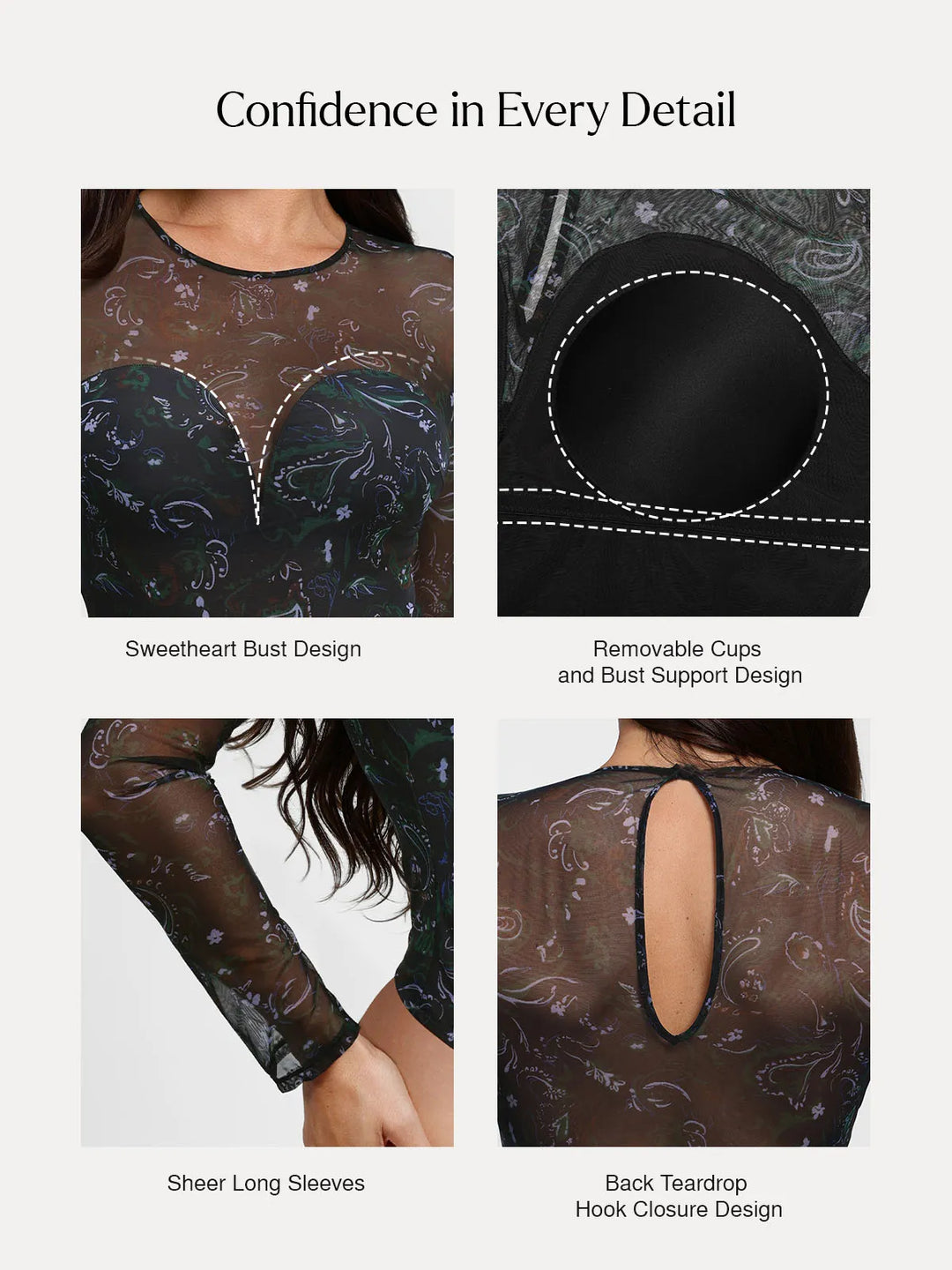 Popilush® Shapewear Paisley Mesh Sleeve Sweetheart Bodysuit(DRAFT)