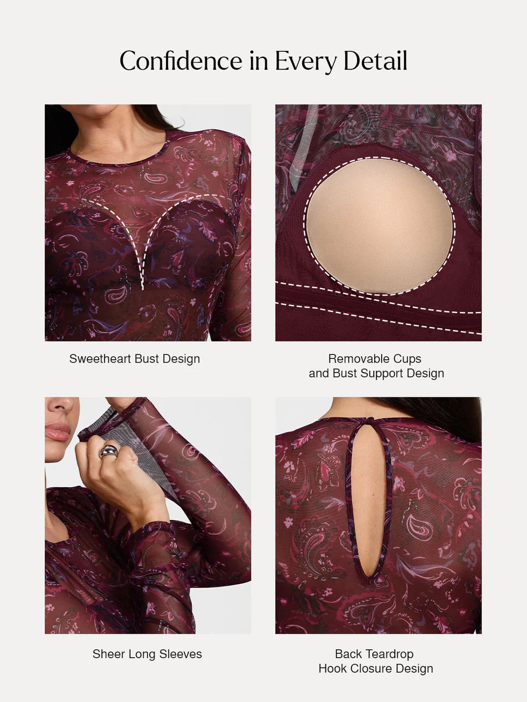 Popilush® Shapewear Paisley Mesh Sleeve Sweetheart Bodysuit(DRAFT)