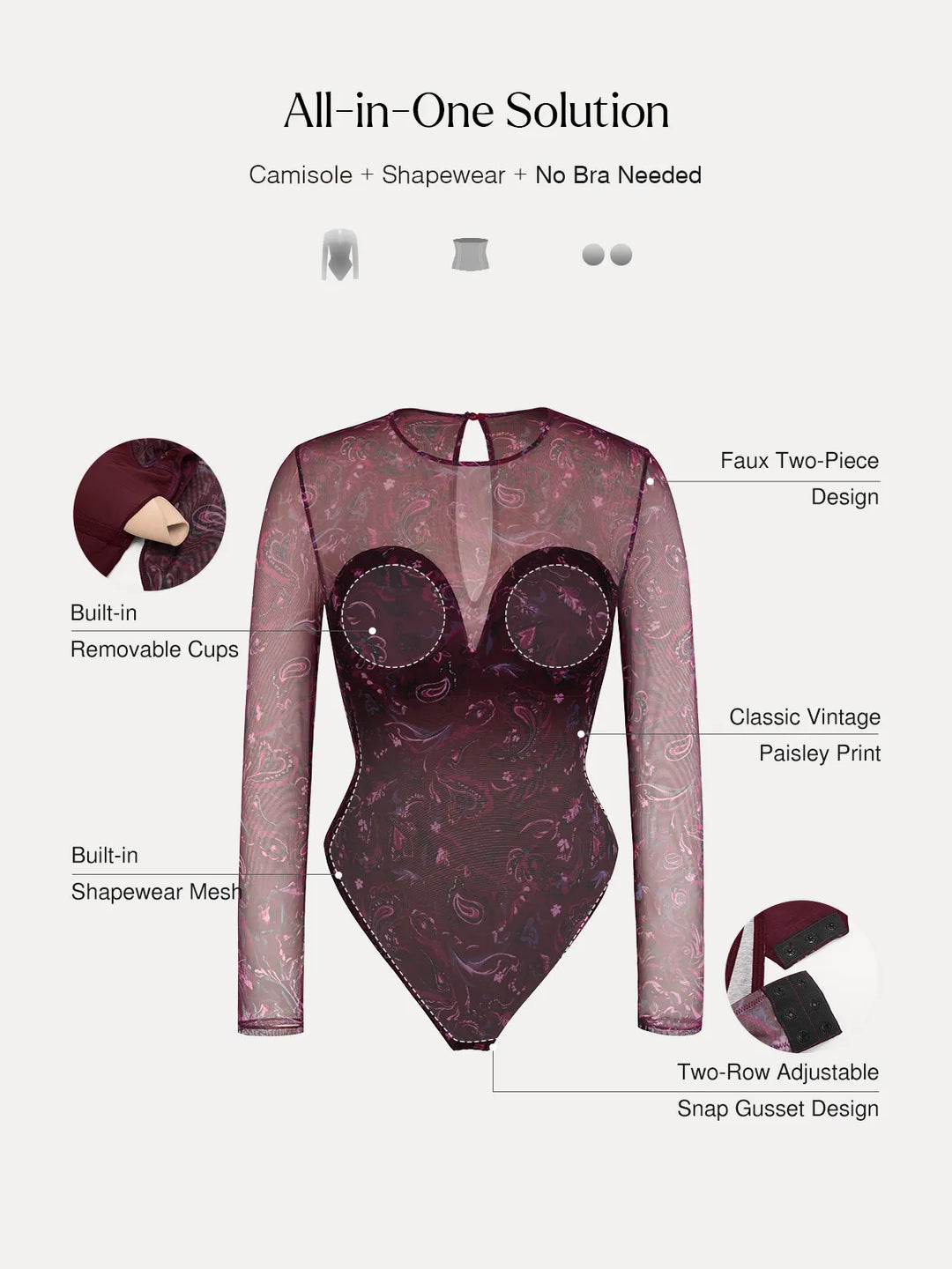 Popilush® Shapewear Paisley Mesh Sleeve Sweetheart Bodysuit(DRAFT)